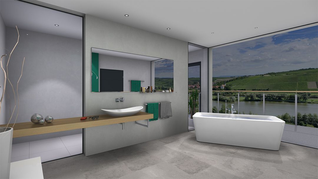 Ein Badezimmer mit Badewanne, Waschbecken und Spiegel