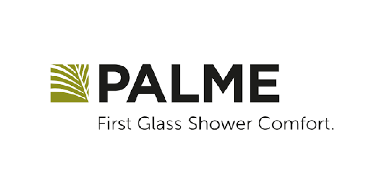 Das Logo von Palme First Glass Shower Comfort befindet sich auf weißem Hintergrund.