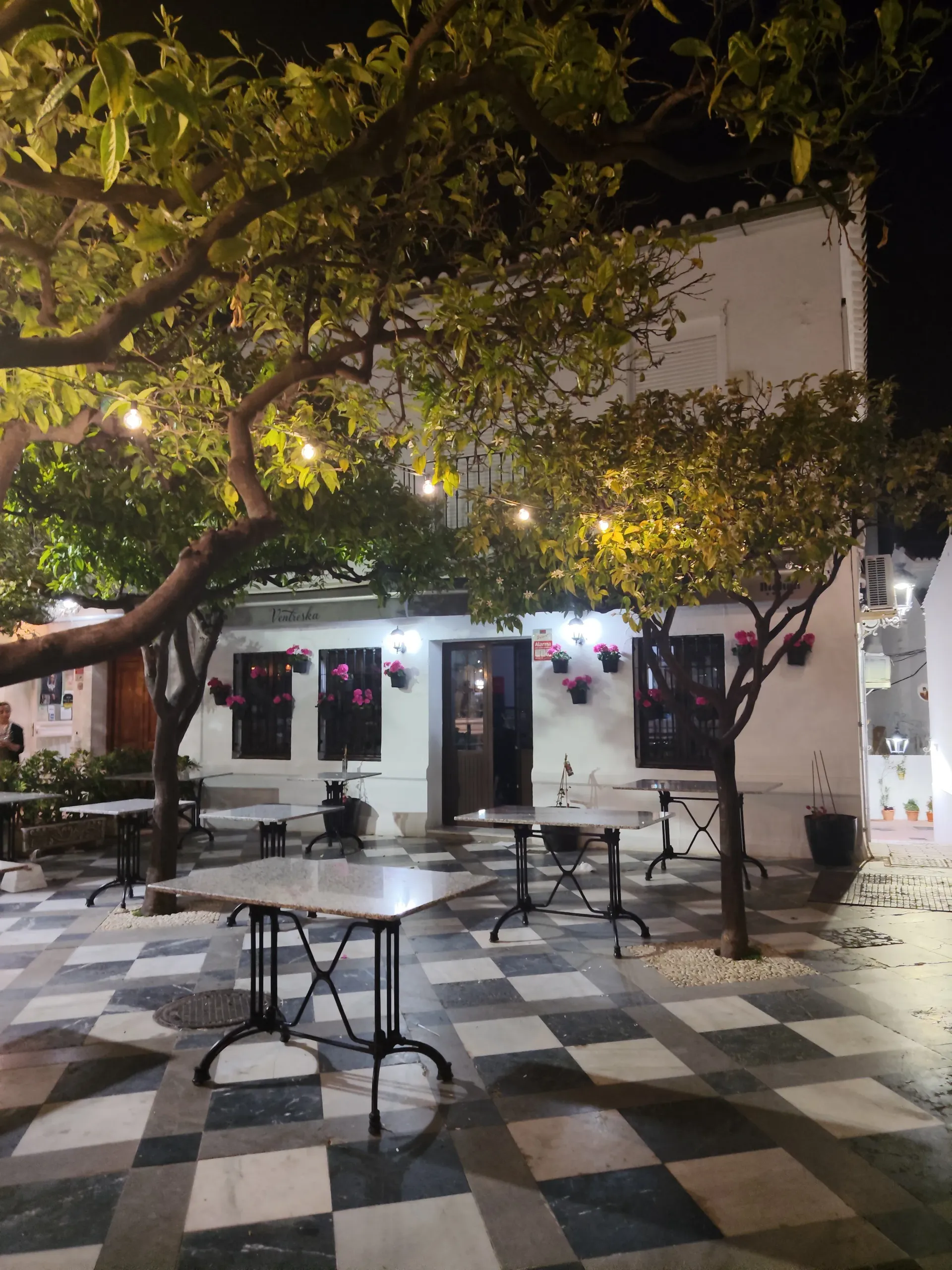 Cafetería nocturna con patio, árboles, suelo de baldosas a cuadros y mesas frente a un edificio blanco.