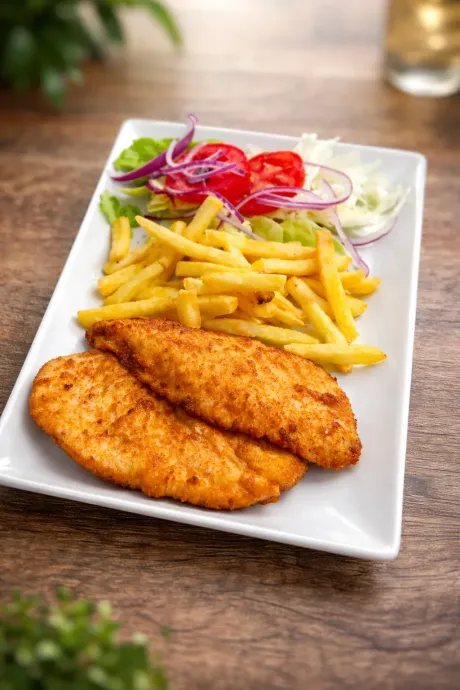 Filetes de pollo empanizados con papas fritas y ensalada en un plato blanco sobre una mesa de madera.