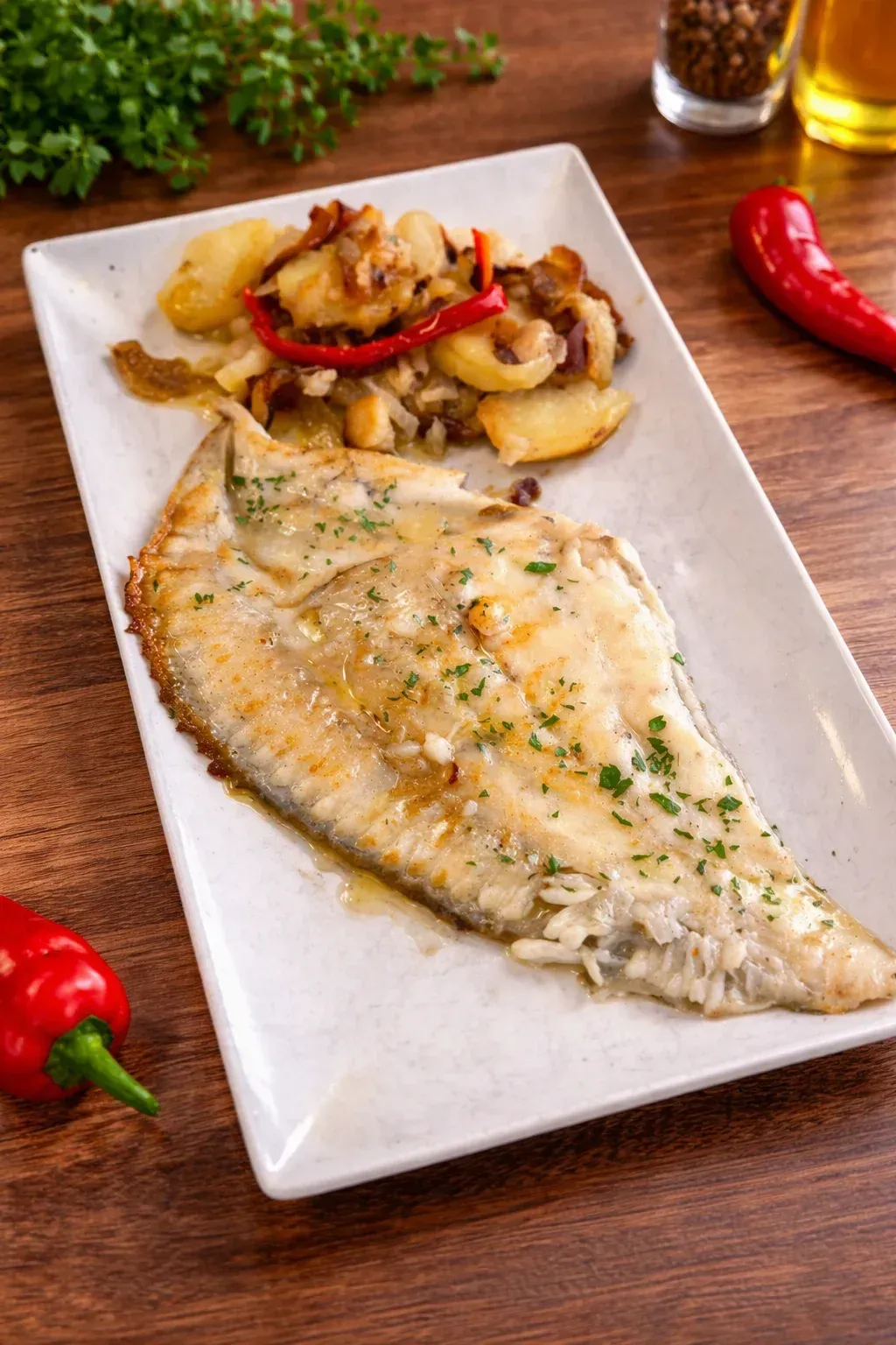 Filete de pescado emplatado con verduras salteadas y chiles rojos sobre una mesa de madera.