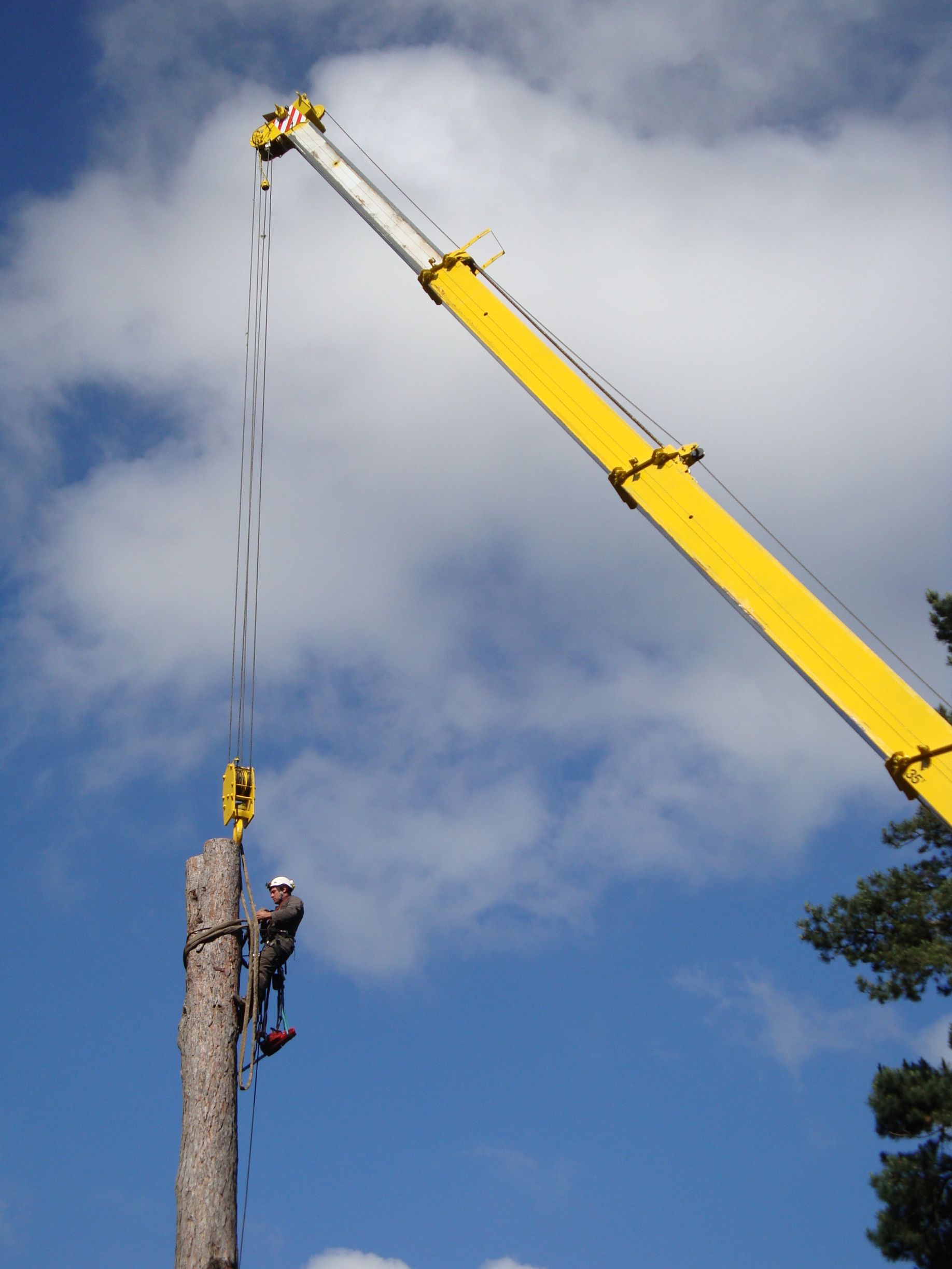 Bras d'une grue jaune qui soulève un professionnel