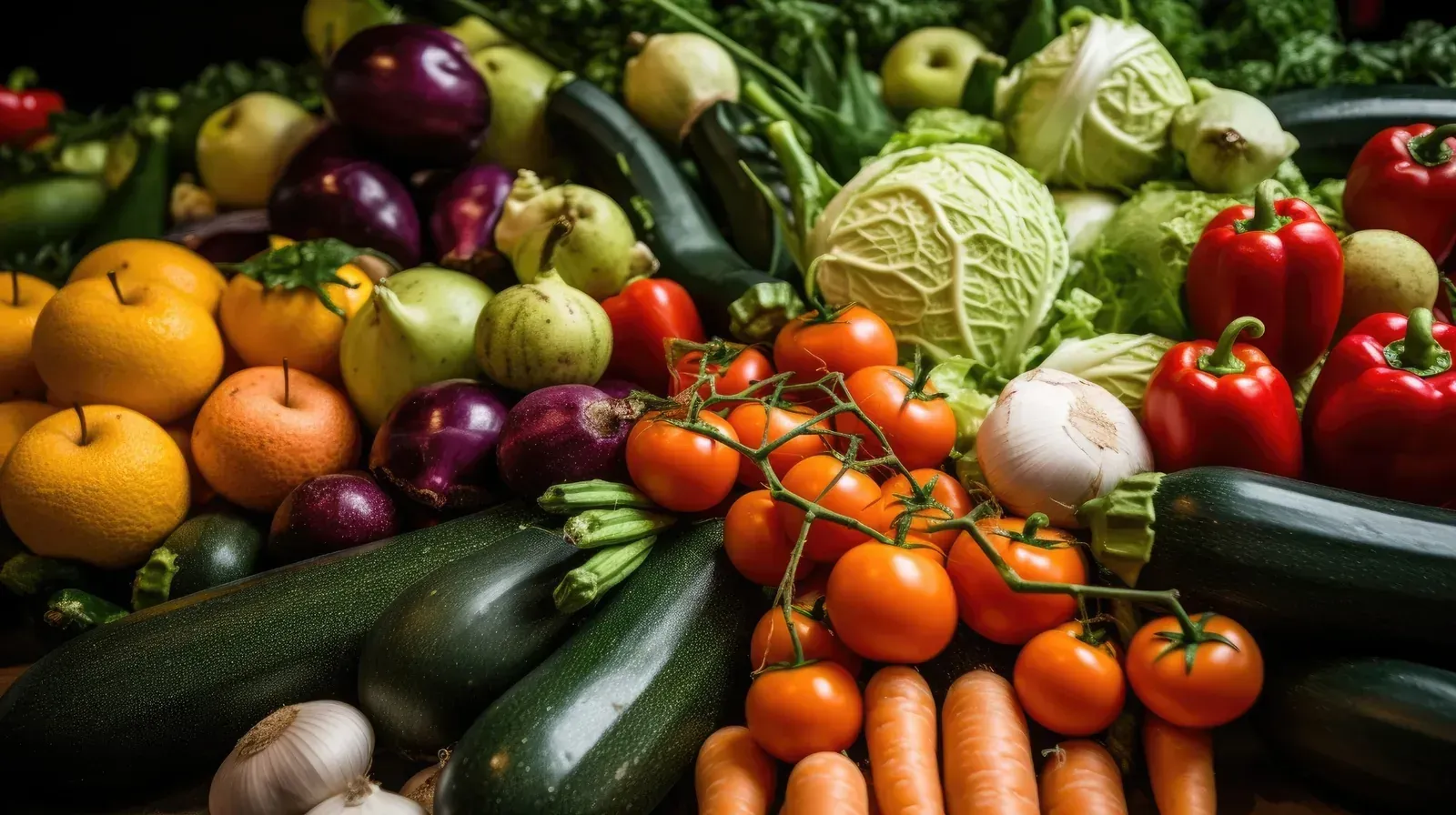 Pila de verduras frescas y coloridas, incluidos calabacines, tomates, pimientos, repollo y zanahorias.