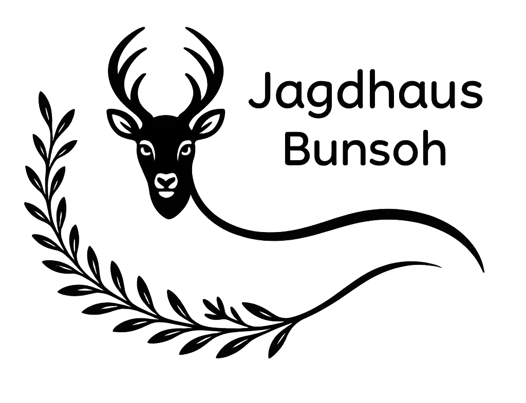 Ein schwarz-weißes Logo für Jagdhaus Bunsoh mit einem Hirschkopf und Blättern.