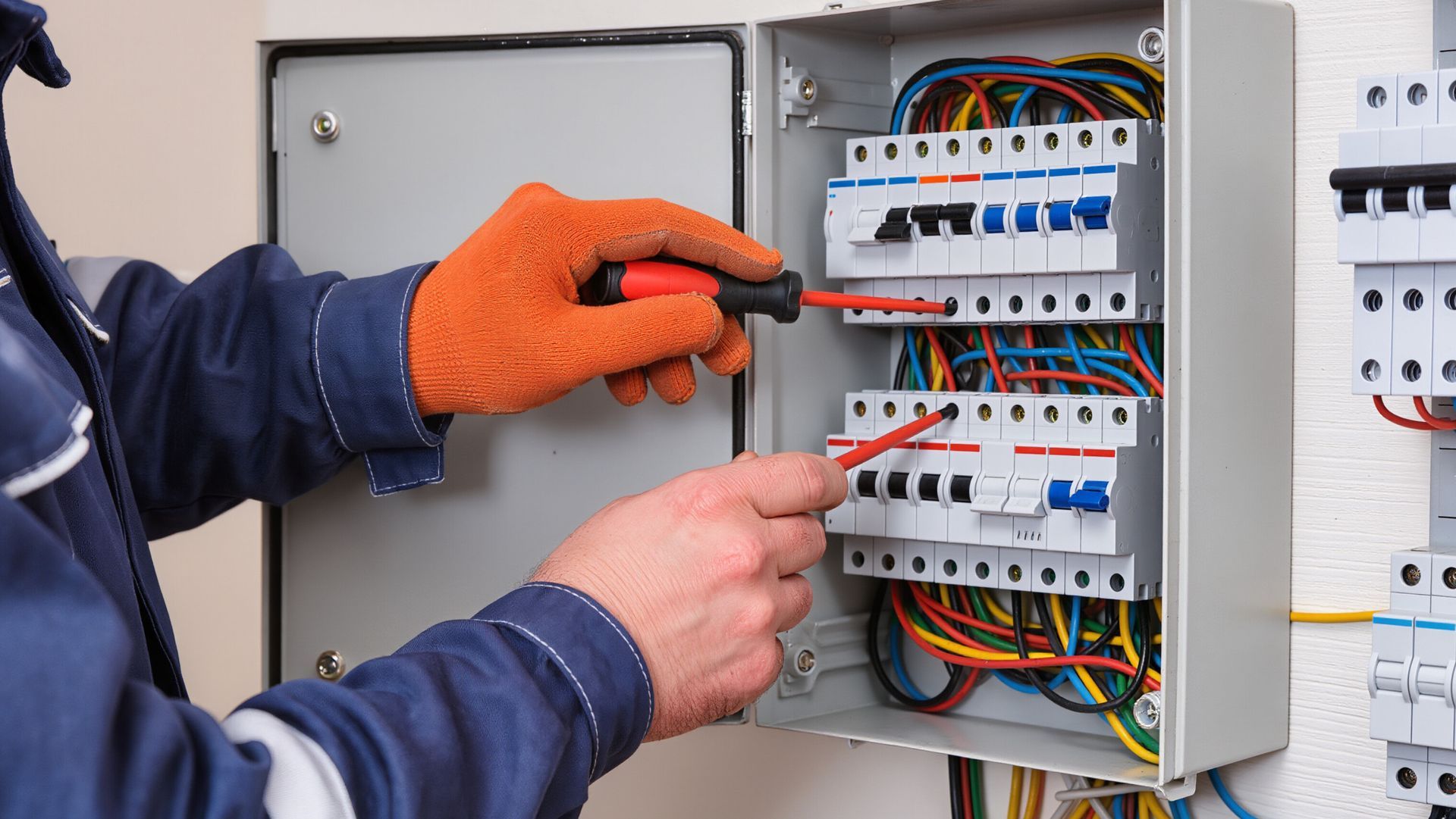 Un technicien portant des gants orange effectue le câblage d'un tableau électrique ouvert équipé de disjoncteurs.