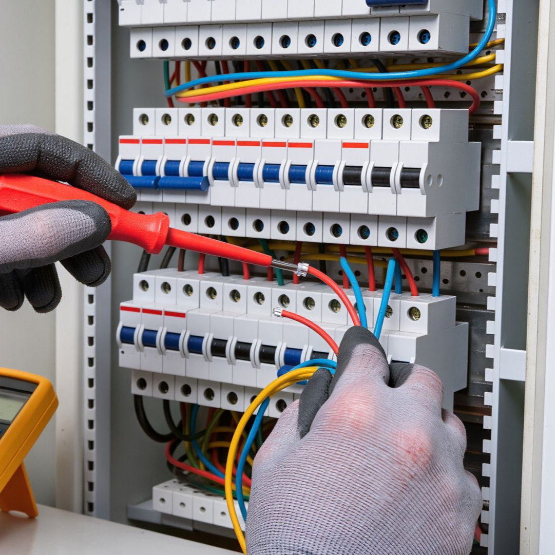 Des mains gantées testent des fils à l'intérieur d'un tableau électrique comportant des rangées de disjoncteurs blancs.