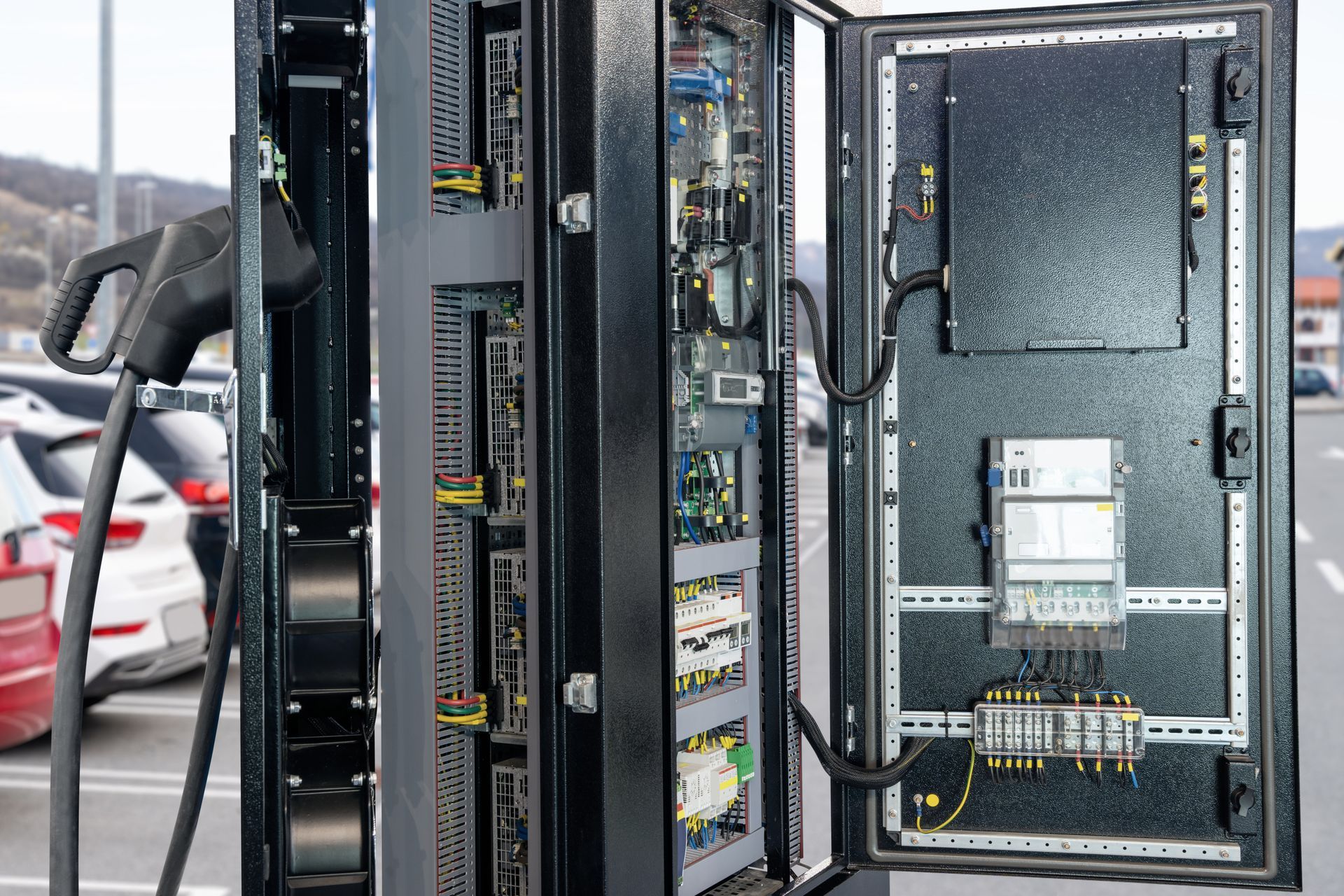 Armoire électrique ouverte avec câblage et disjoncteurs à l'extérieur