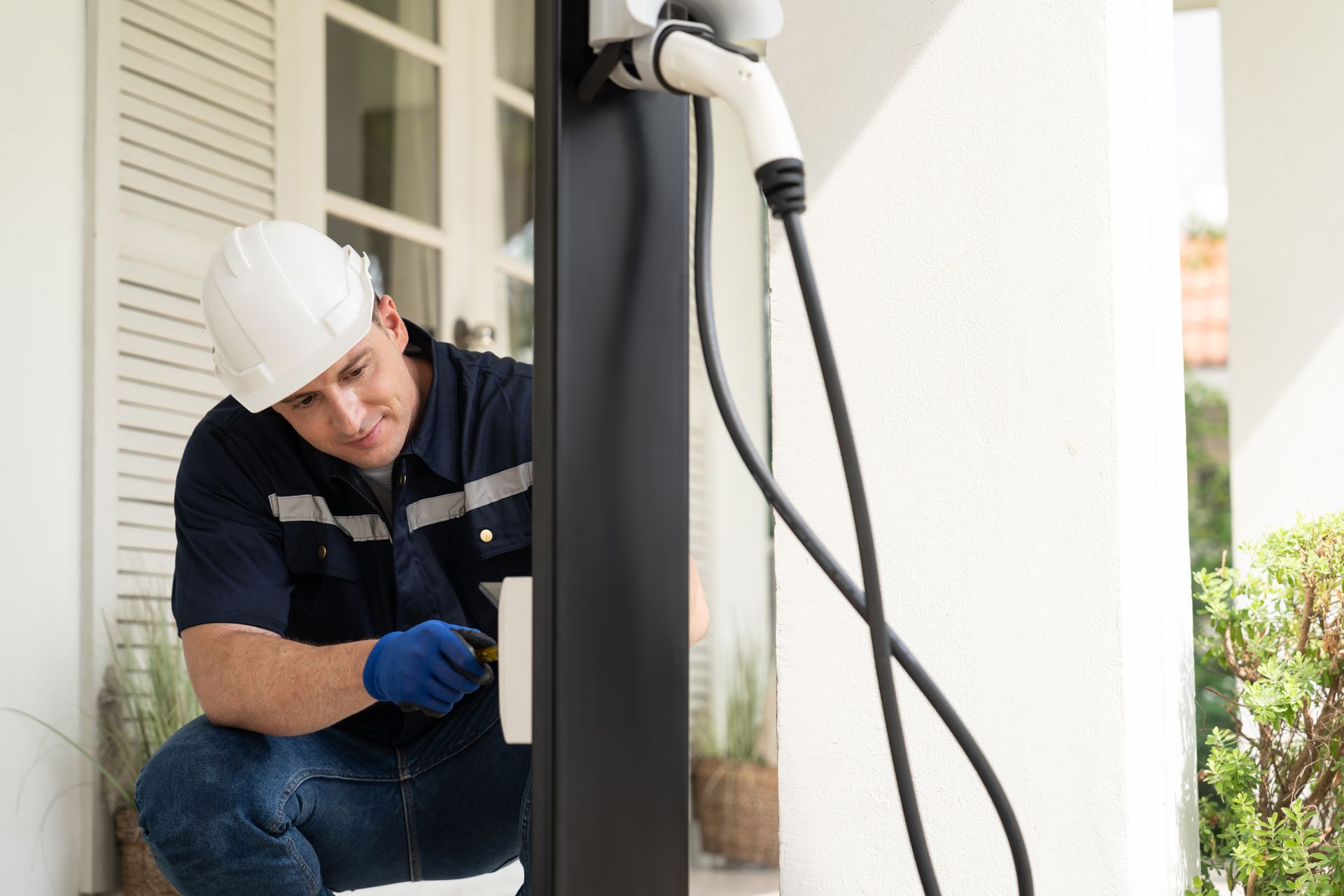 Un électricien accroupi près d'un poteau extérieur inspecte des câbles noirs à proximité de l'entrée d'une maison.