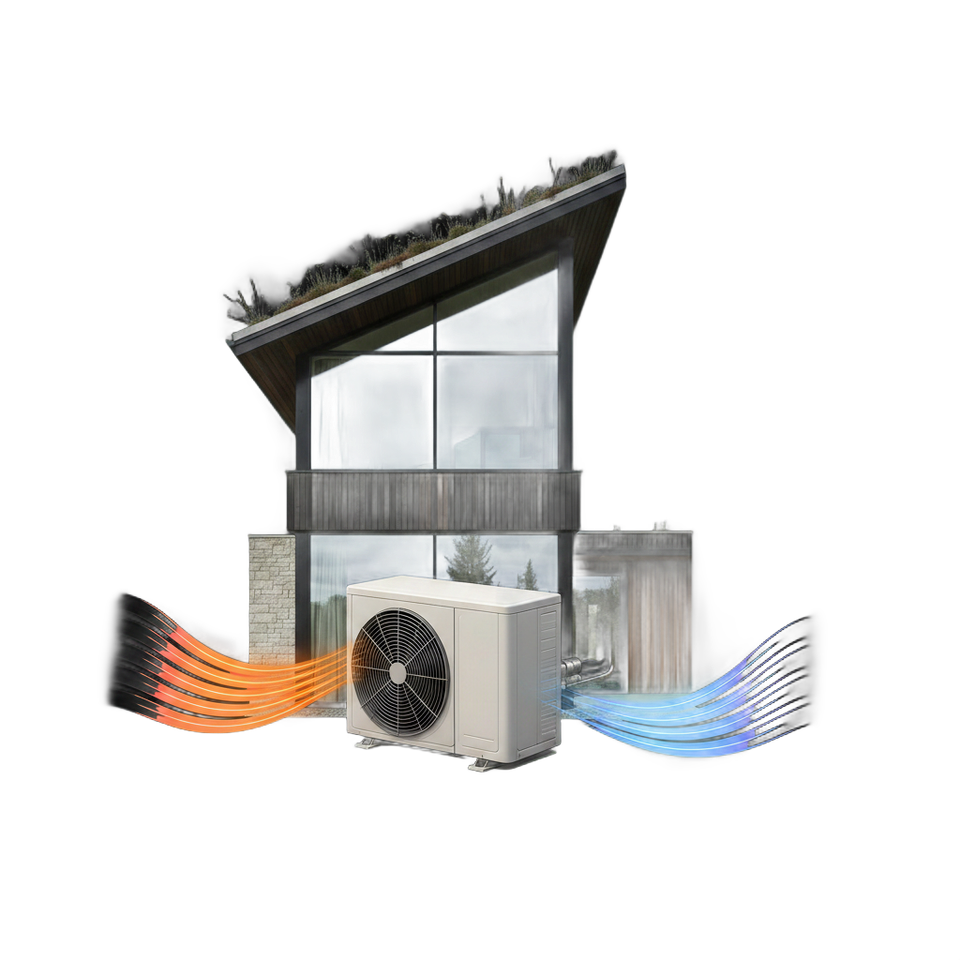 Maison moderne avec unité de climatisation et flèches de flux d'air orange et bleues indiquant le chauffage et la climatisation