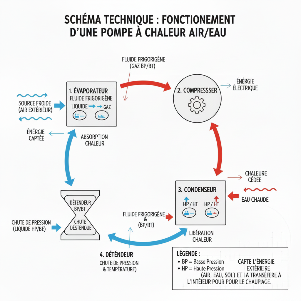 Schéma technique coloré d’une pompe à chaleur air/eau avec flèches de circulation entre unité extérieure et unité intérieure.