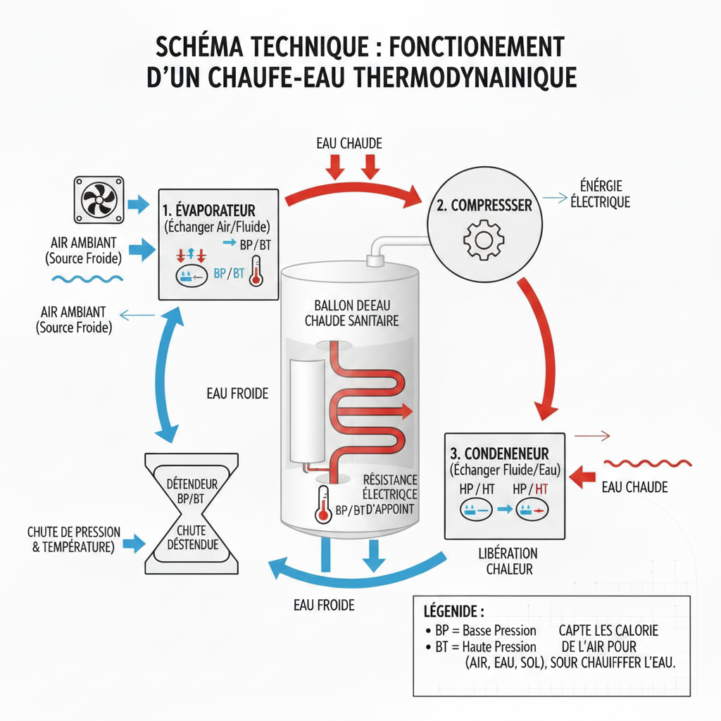 Diagramme technique d’un chauffe-eau thermodynamique, avec pompe à chaleur, ballon et flèches rouges et bleues de circulation.