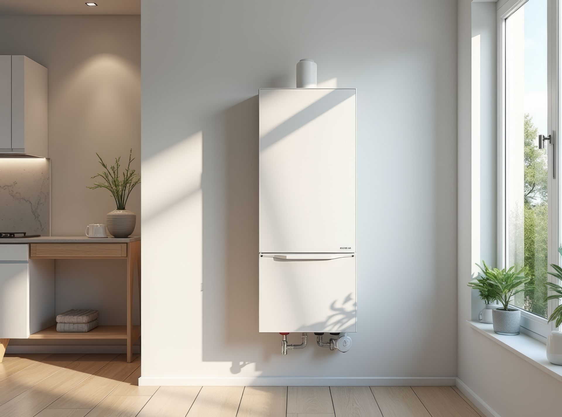 Un radiateur mural blanc dans une pièce lumineuse et minimaliste, près d'une fenêtre et d'une étagère en bois.