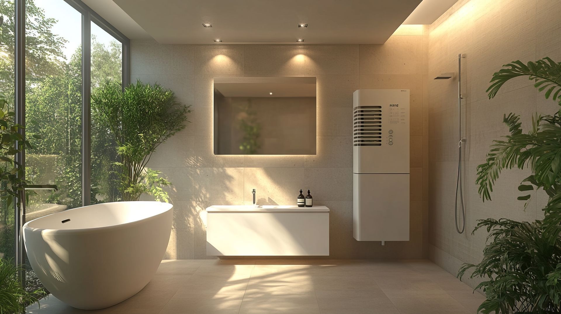 Salle de bains moderne et lumineuse avec baignoire îlot, lavabo mural, miroir et plantes en pot.