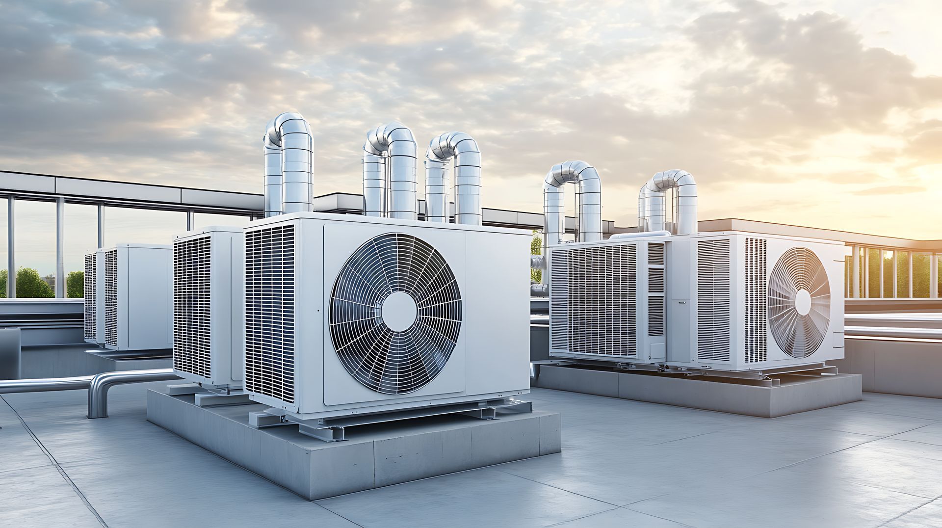 Unités de climatisation industrielles sur les toits, avec de grands ventilateurs et des tuyaux.