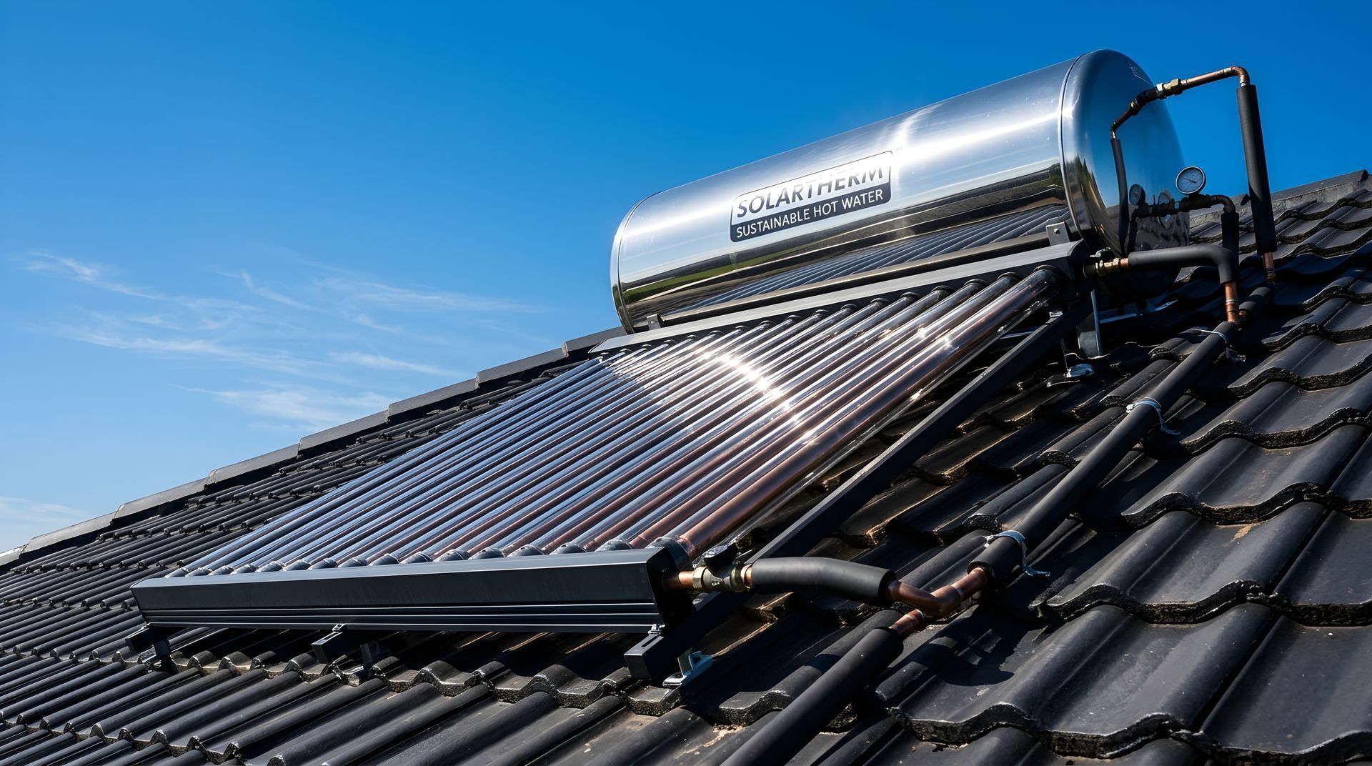 Chauffe-eau solaire sur un toit de tuiles noires.