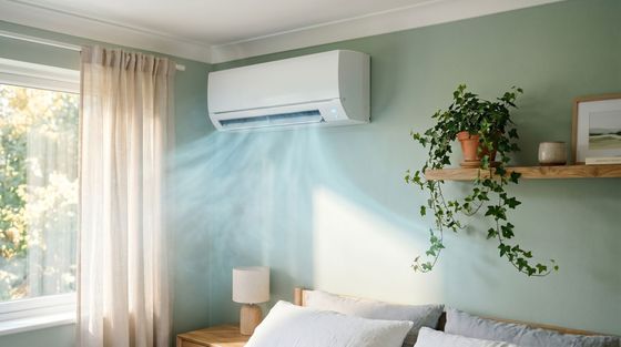 Chambre lumineuse avec climatiseur mural, fenêtre ensoleillée, lit et étagère suspendue avec une plante.