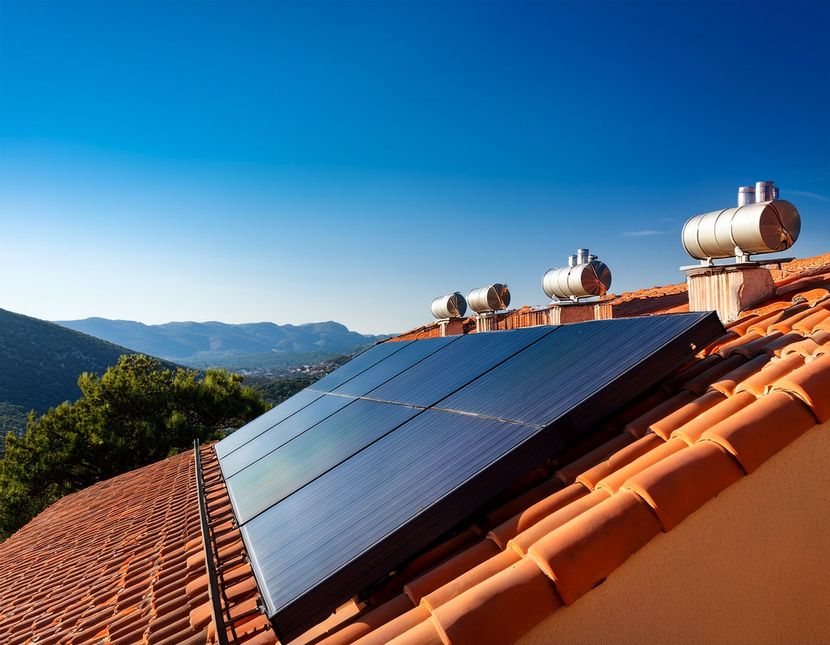 Des panneaux solaires sur un toit de tuiles rouges sous un ciel bleu azur avec des montagnes en arrière-plan.