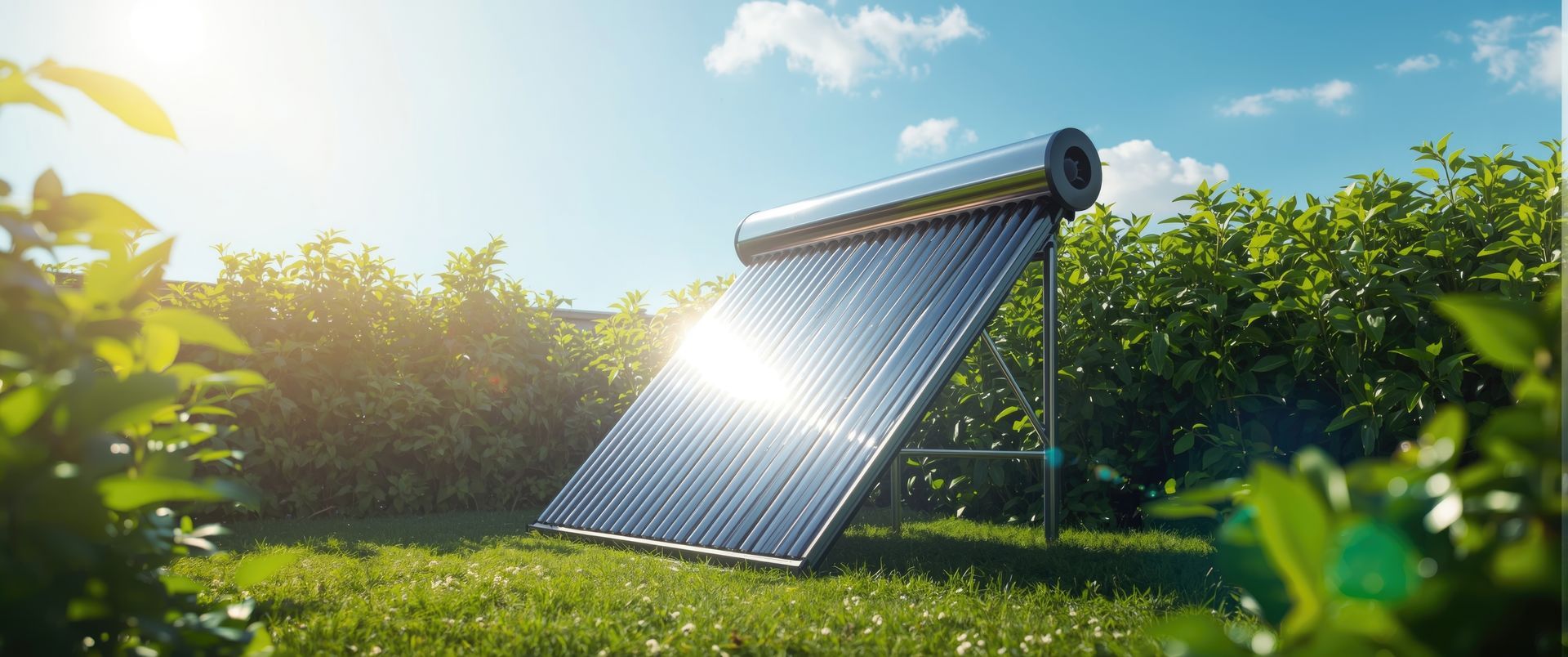 Panneau solaire incliné dans un champ vert ensoleillé avec des arbres en arrière-plan.