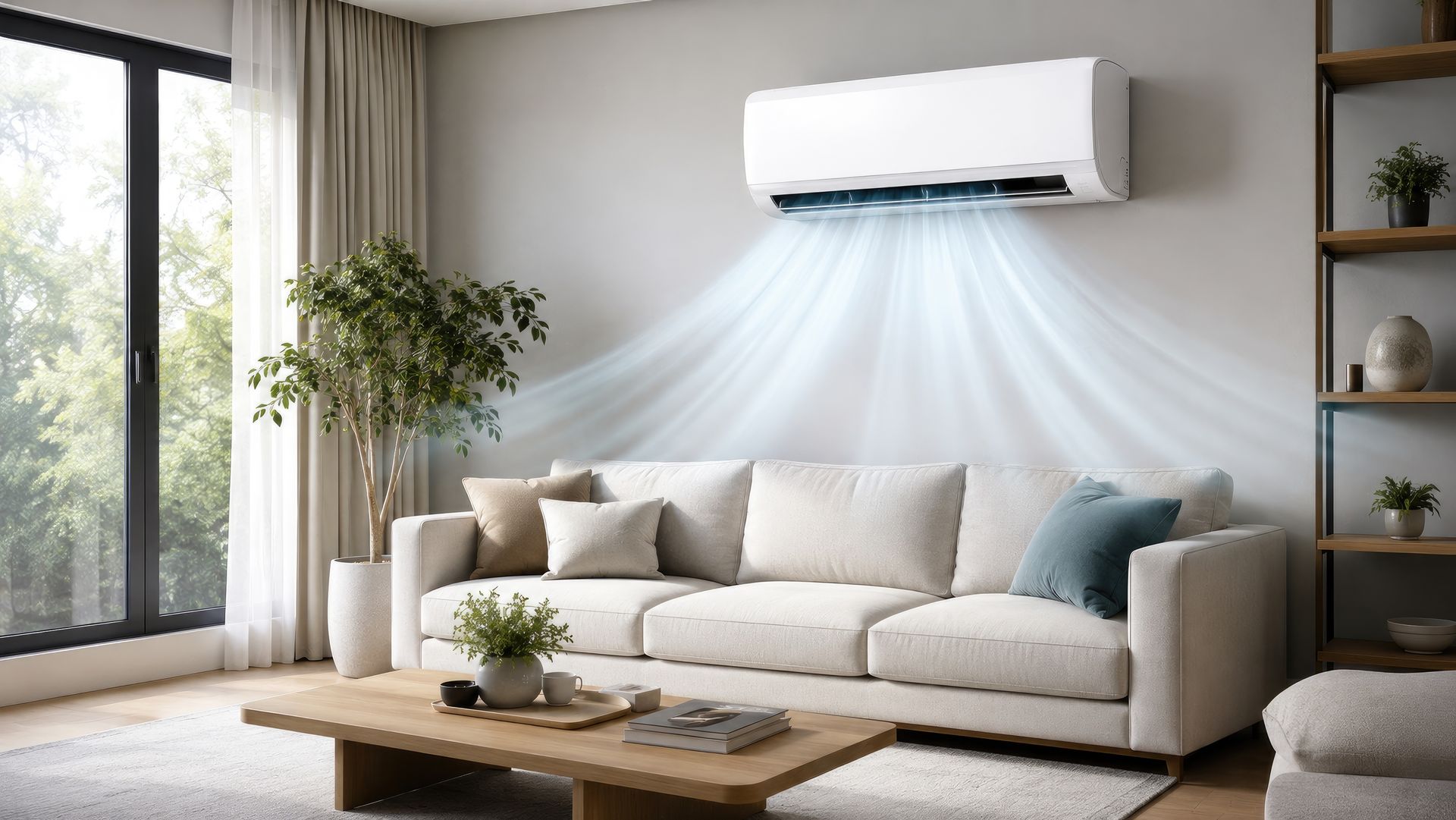 Salon moderne avec canapé et climatiseur mural soufflant de l'air frais.