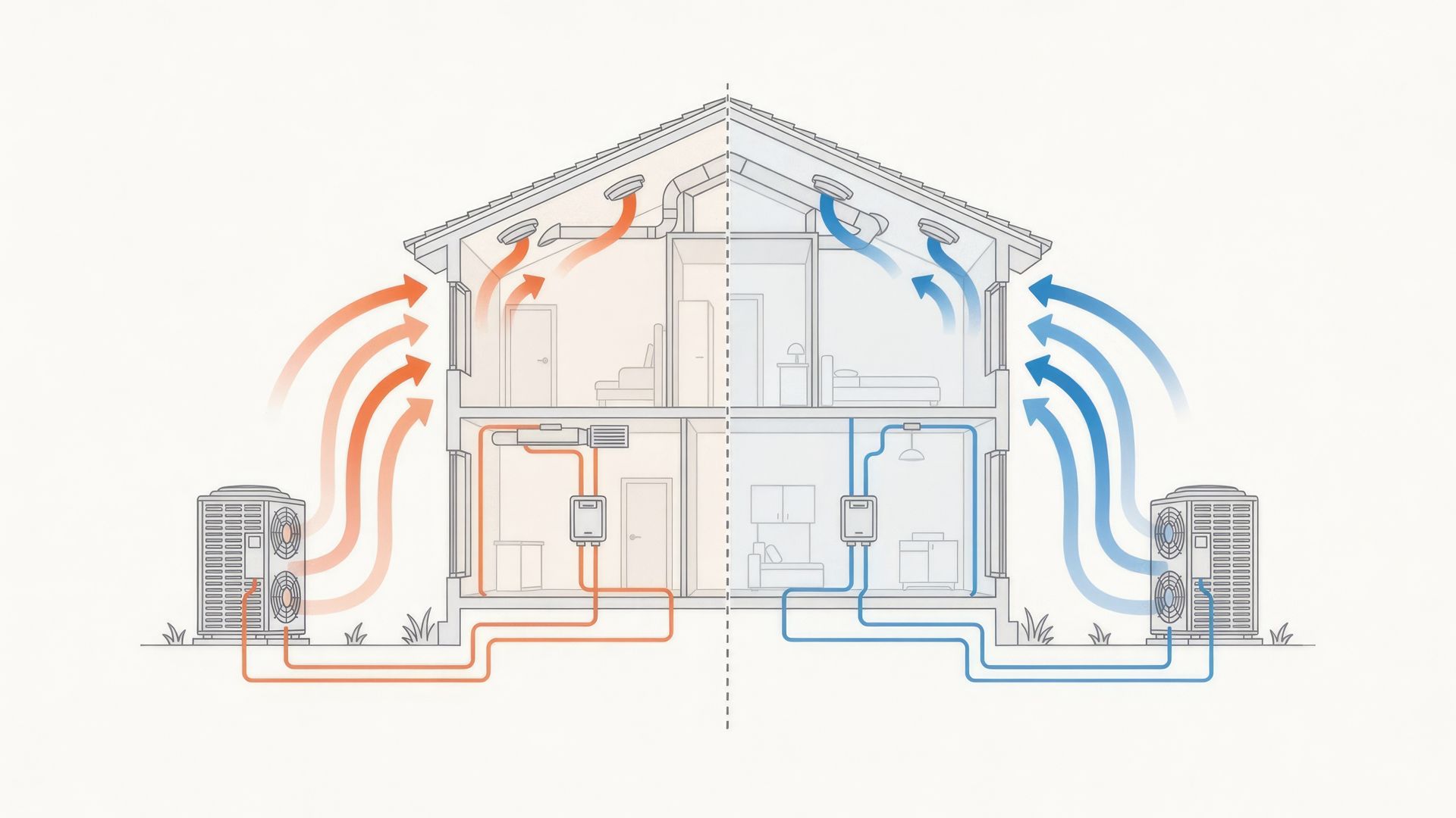 Schéma de circulation d'air du système de CVC d'une maison, avec les circuits de chauffage (rouge) et de refroidissement (bleu) à travers les pièces et les bouches d'aération.