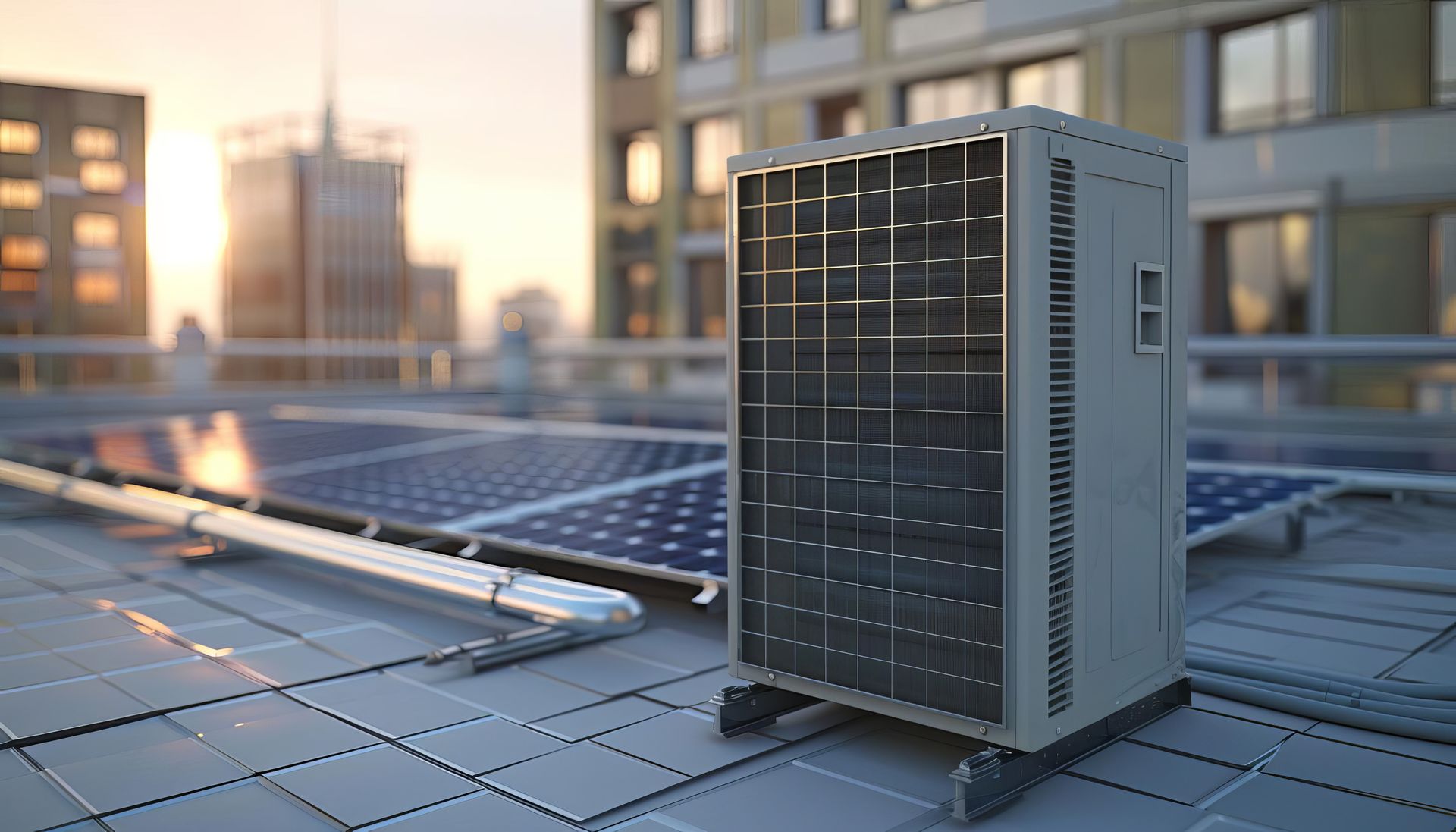 Panneaux solaires et unité de climatisation sur le toit d'un bâtiment moderne au coucher du soleil.