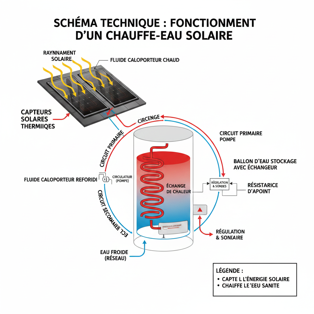 Schéma français illustrant le fonctionnement d'un chauffe-eau solaire, avec des capteurs sur le toit et un réservoir d'eau chaude.