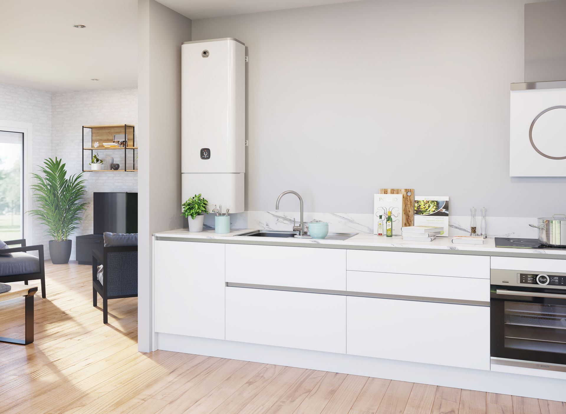 Chauffe-eau au dessus du plan de travail d'une cuisine ouverte