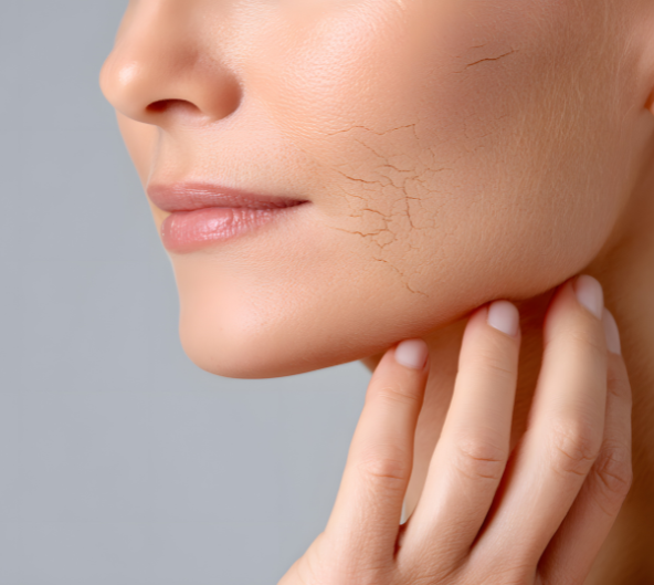 Visage de femme avec peau sèche et craquelée ; la main touche la mâchoire.