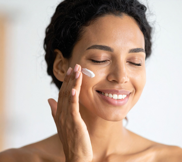 Femme à la peau brune souriante, appliquant de la crème sur sa joue les yeux fermés.
