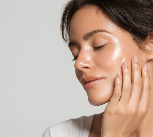 Femme à la peau éclatante, les yeux fermés, la main sur la joue, fond clair.