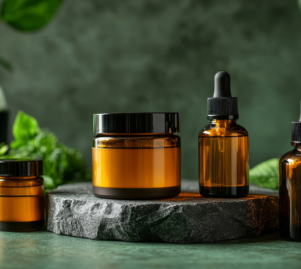 Pots cosmétiques en verre ambré sur pierre, avec feuillage vert sur fond vert.