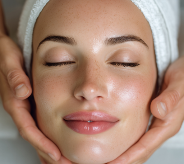 Visage de femme aux yeux fermés, dans un décor de spa ; les mains bercent doucement ses joues.