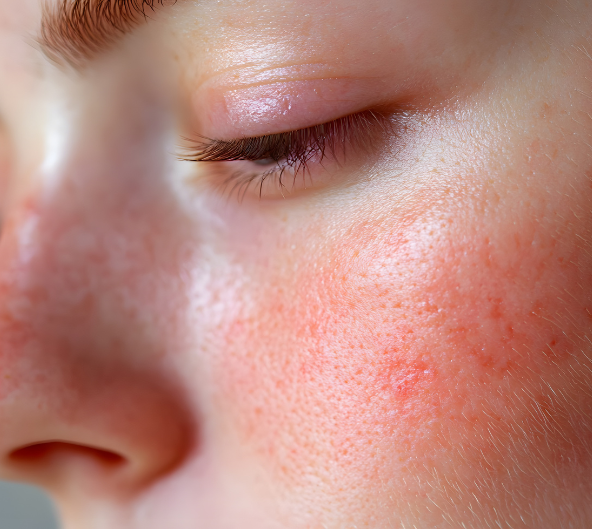 Gros plan du visage d'une personne avec les yeux fermés et la peau rouge et tachetée sur la joue et le nez.