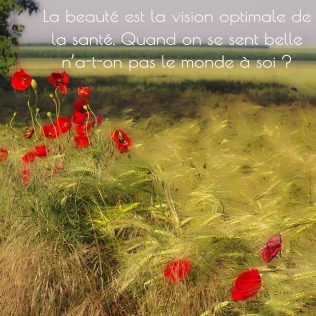 Champ de céréales et coquelicots rouges avec citation française : « La beauté est la vision optimale de la santé. 