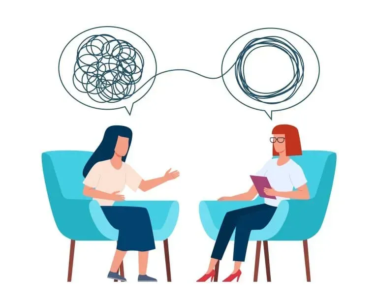 Dos personas sentadas en sillas conversando; una de las burbujas de diálogo está desordenada y la otra, nítida.