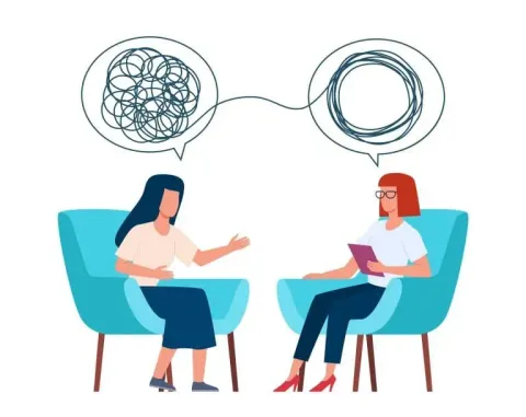 Dos personas sentadas en sillas conversando; una de las burbujas de diálogo está desordenada y la otra, nítida.
