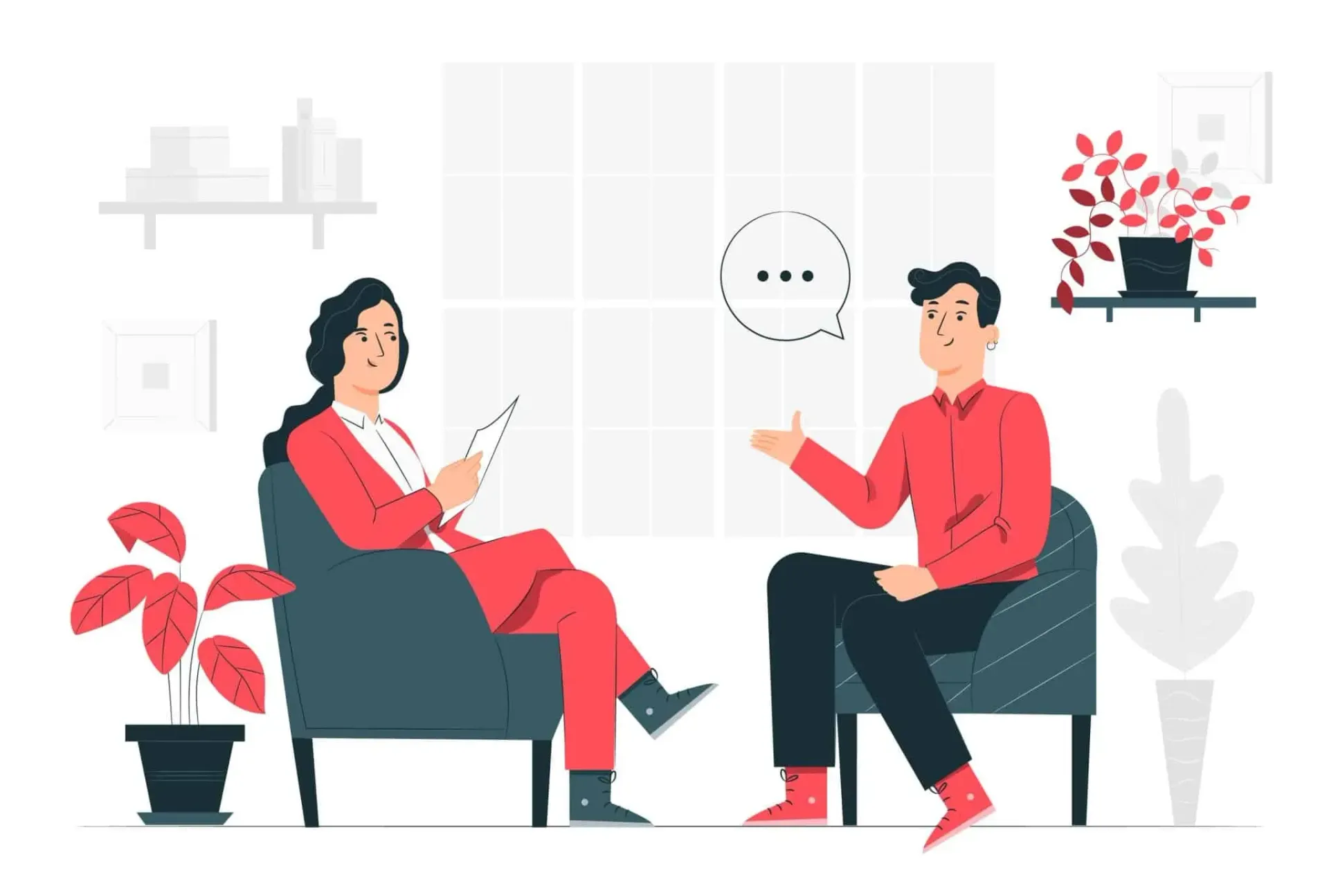 Dos personas sentadas conversando en una luminosa sala de estar, con plantas rojas y decoración minimalista.