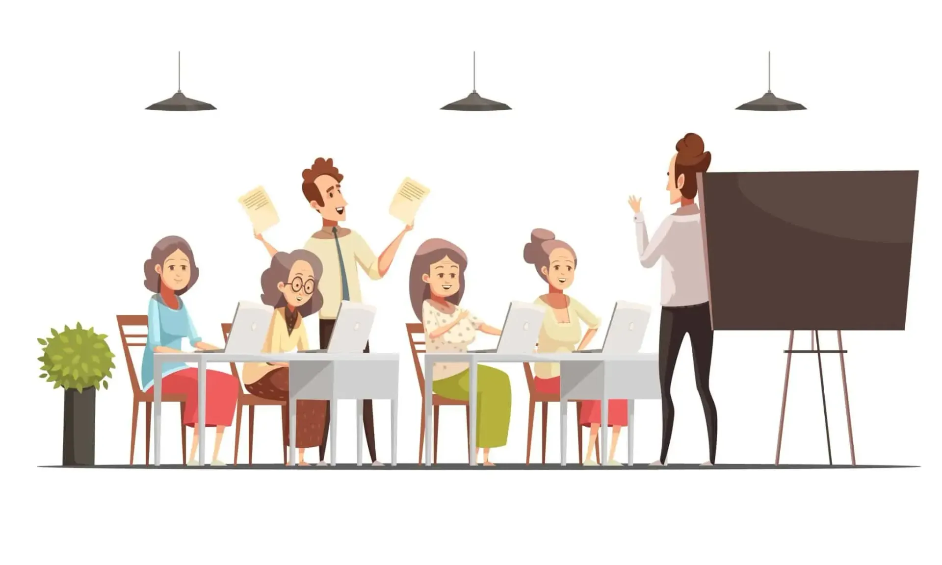Personas en una sala de reuniones levantan la mano mientras un presentador está de pie junto a un rotafolio.