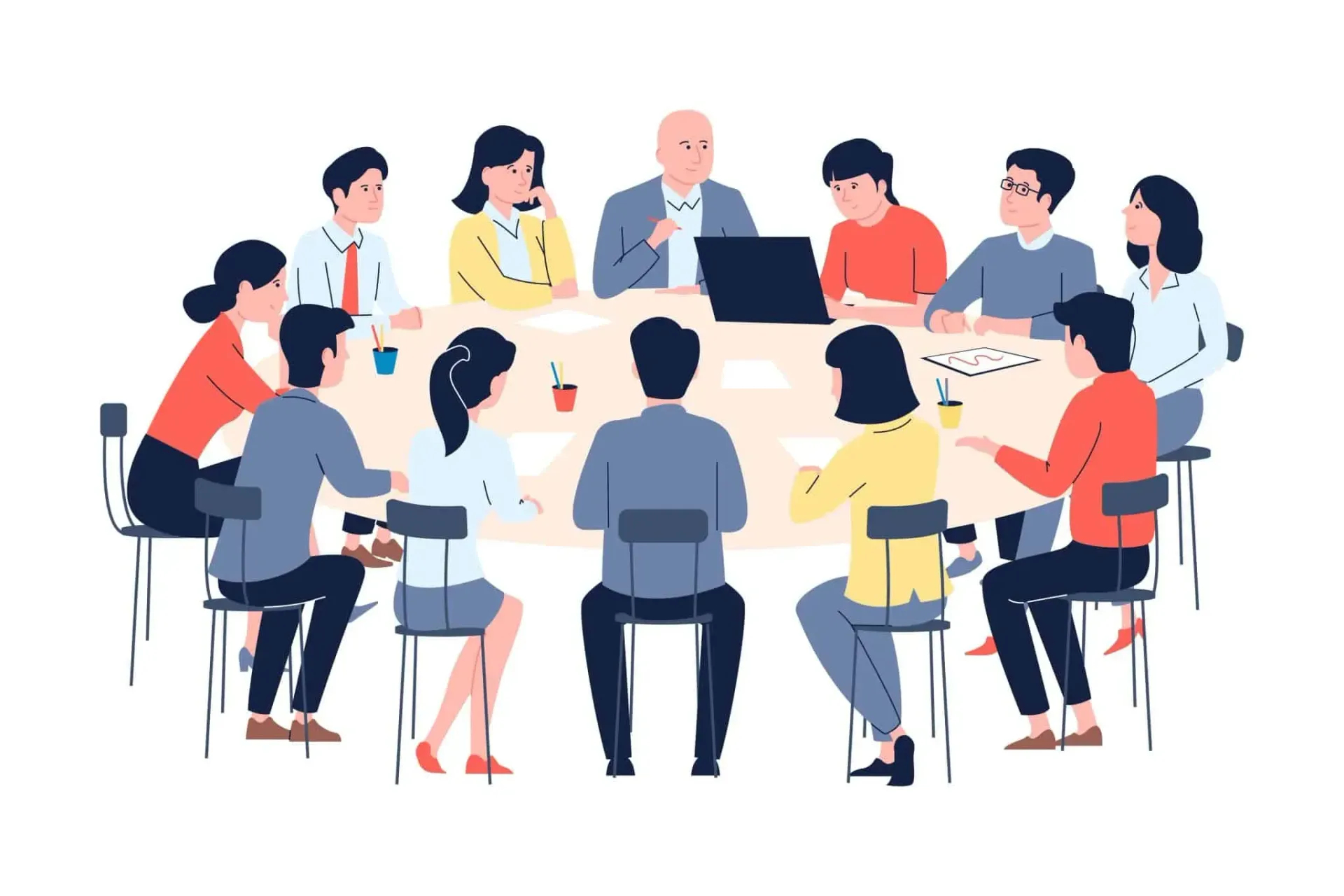Grupo de personas sentadas alrededor de una mesa de conferencias en una reunión, conversando con un presentador.