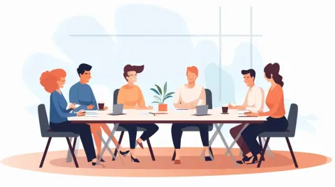 Seis personas sentadas alrededor de una mesa de conferencias en una luminosa sala de reuniones de oficina.