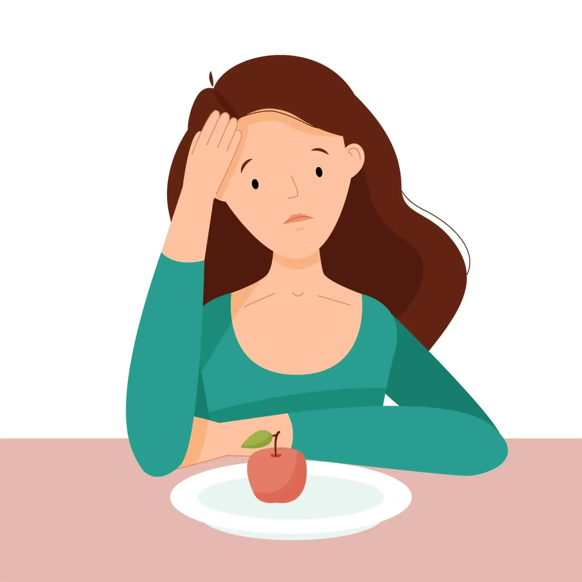 Una mujer, con la cabeza entre las manos y aspecto disgustado, sostenía una manzana en un plato frente a ella.
