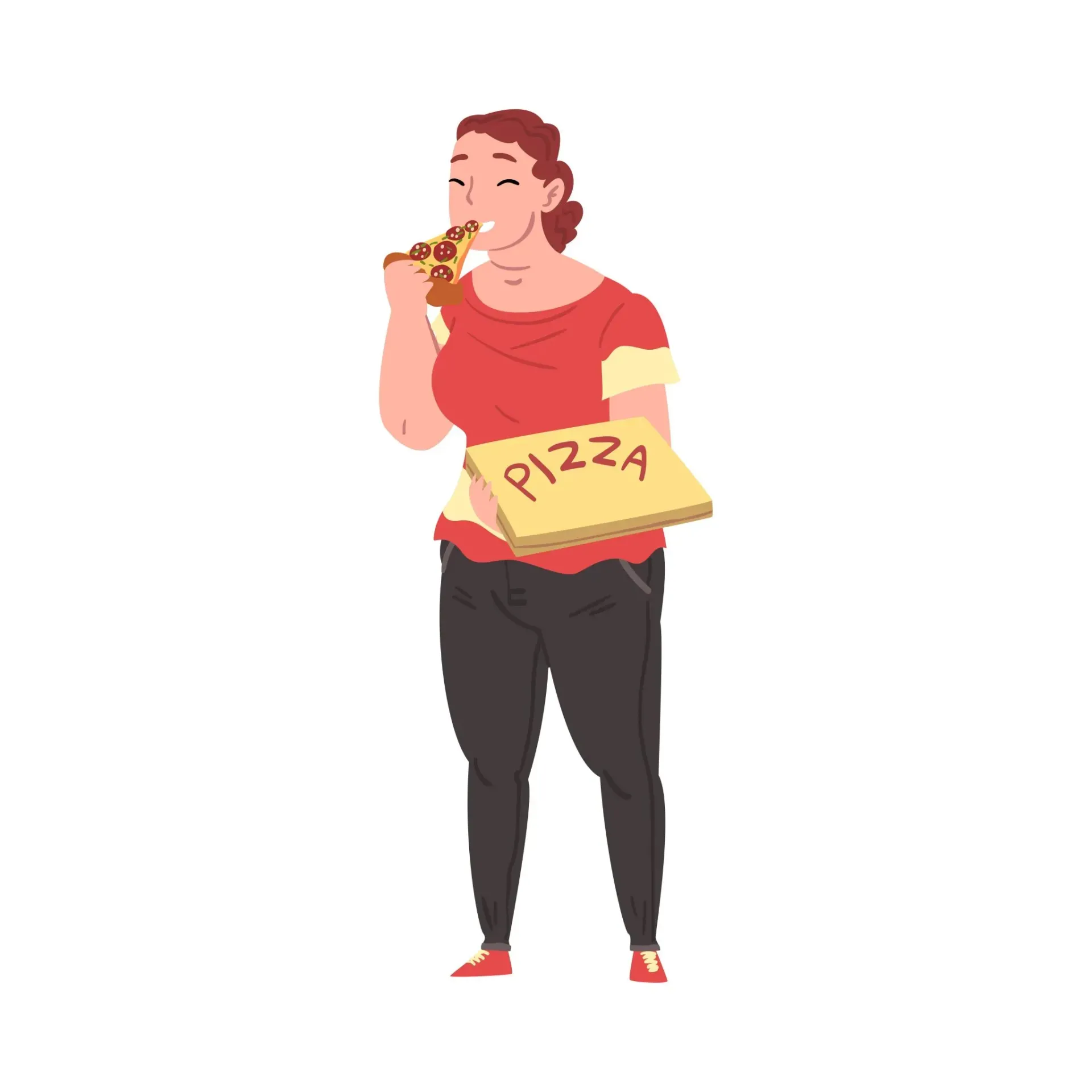 Persona comiendo una porción de pizza mientras sostiene una caja de pizza.