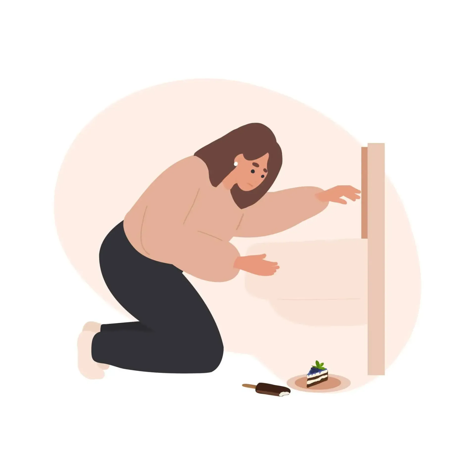 Una persona arrodillada junto a una pared intenta alcanzar un pequeño derrame en el suelo de una habitación sencilla.