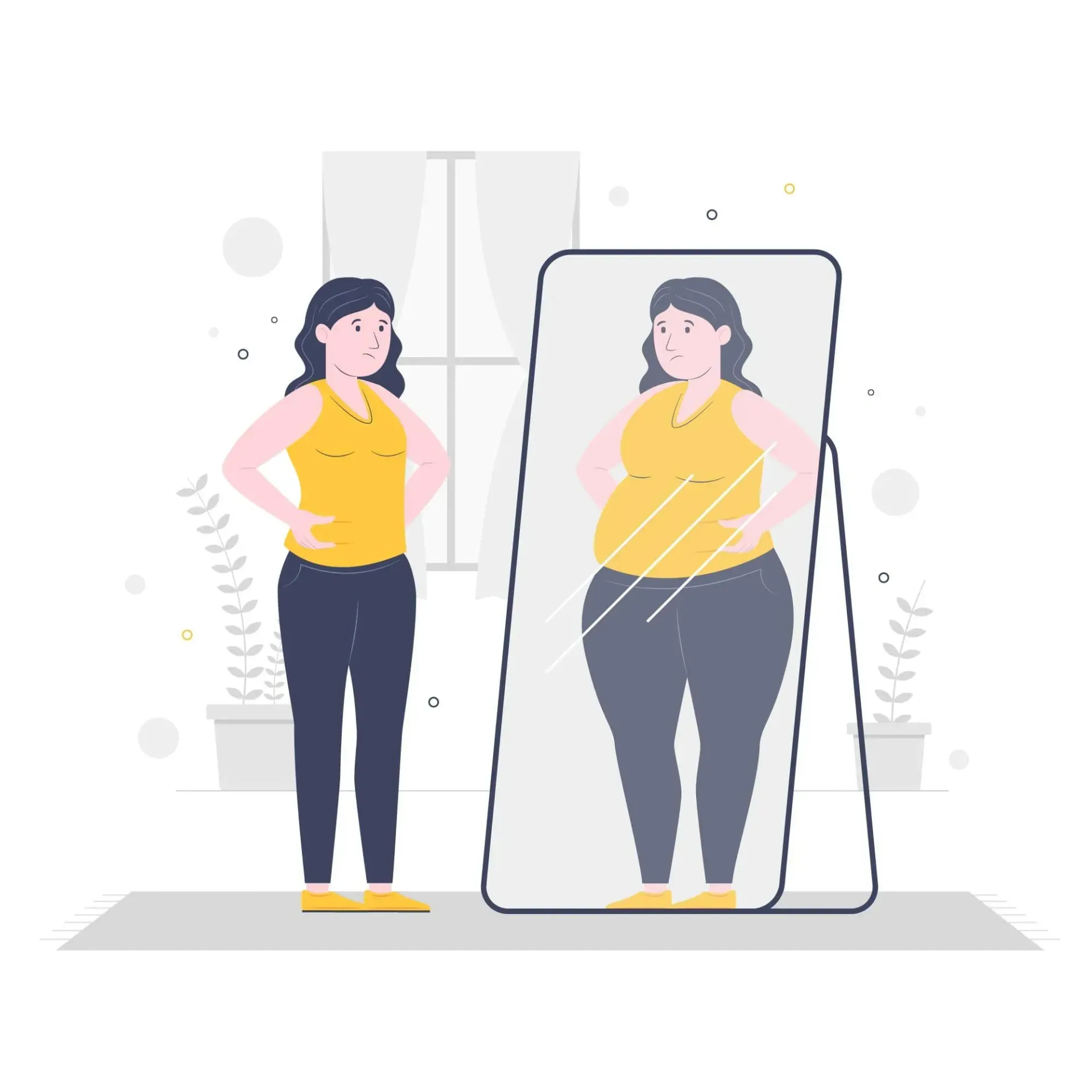 Una persona de pie junto a un espejo de cuerpo entero muestra el reflejo de una figura corporal de mayor tamaño.