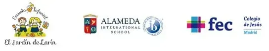 Fila de logotipos institucionales, entre ellos Alameda International School y FEC, sobre un fondo blanco.