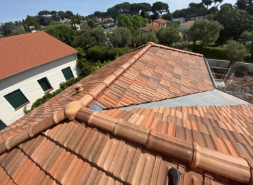 Une vue aérienne d'un toit en tuiles avec des arbres en arrière-plan