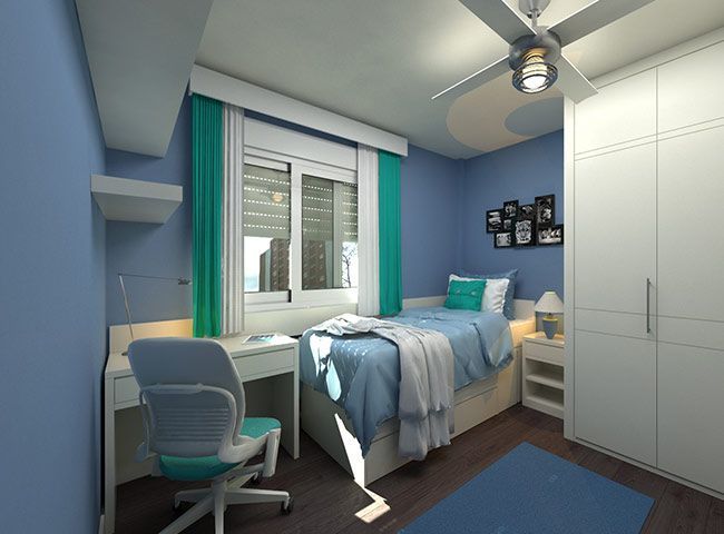 Chambre à coucher avec une fenêtre dont le volet roulant est fermé à moitié