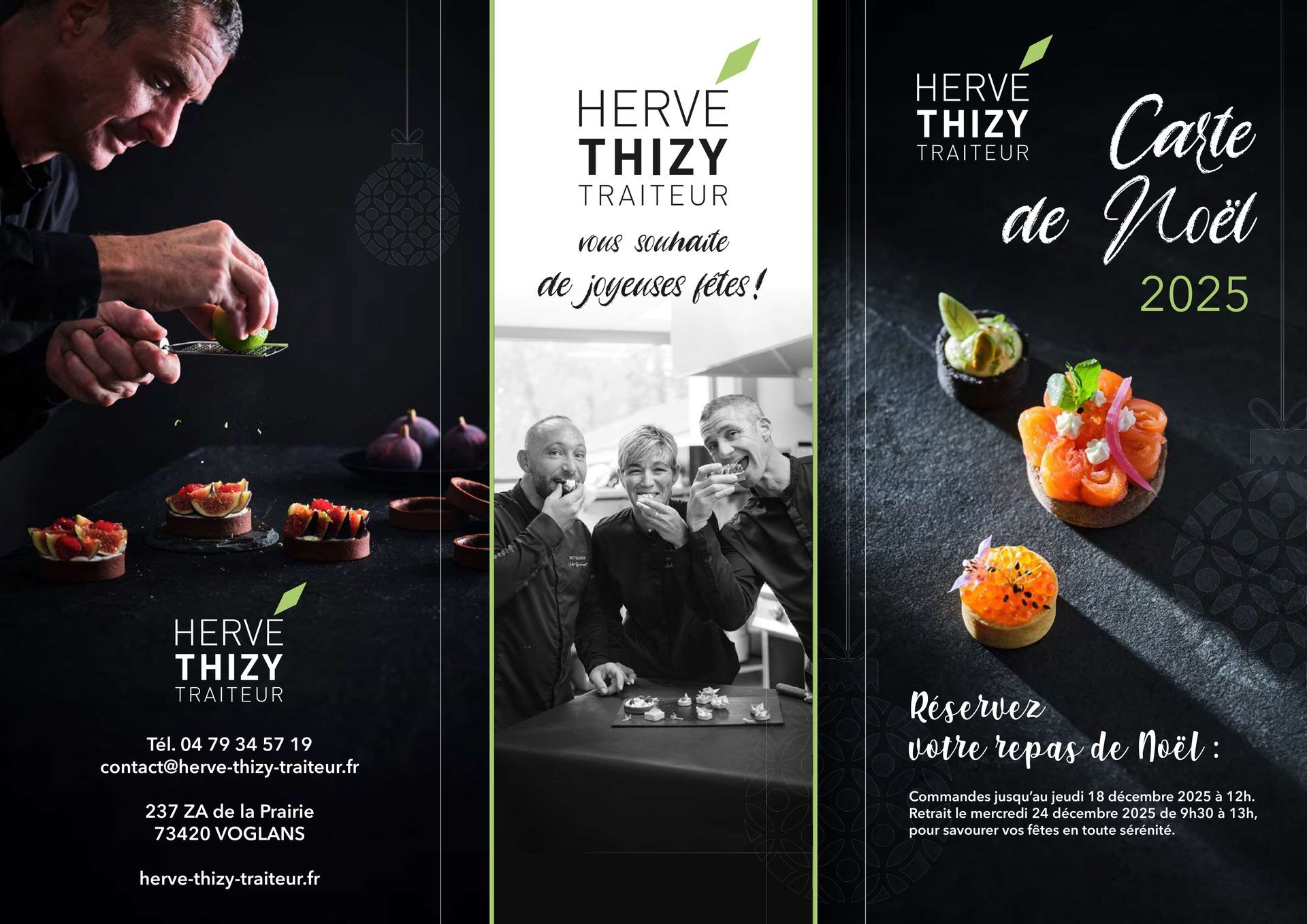 Dépliant trois volets pour Hervé Thizy Traiteur avec un chef et des plats de fêtes.