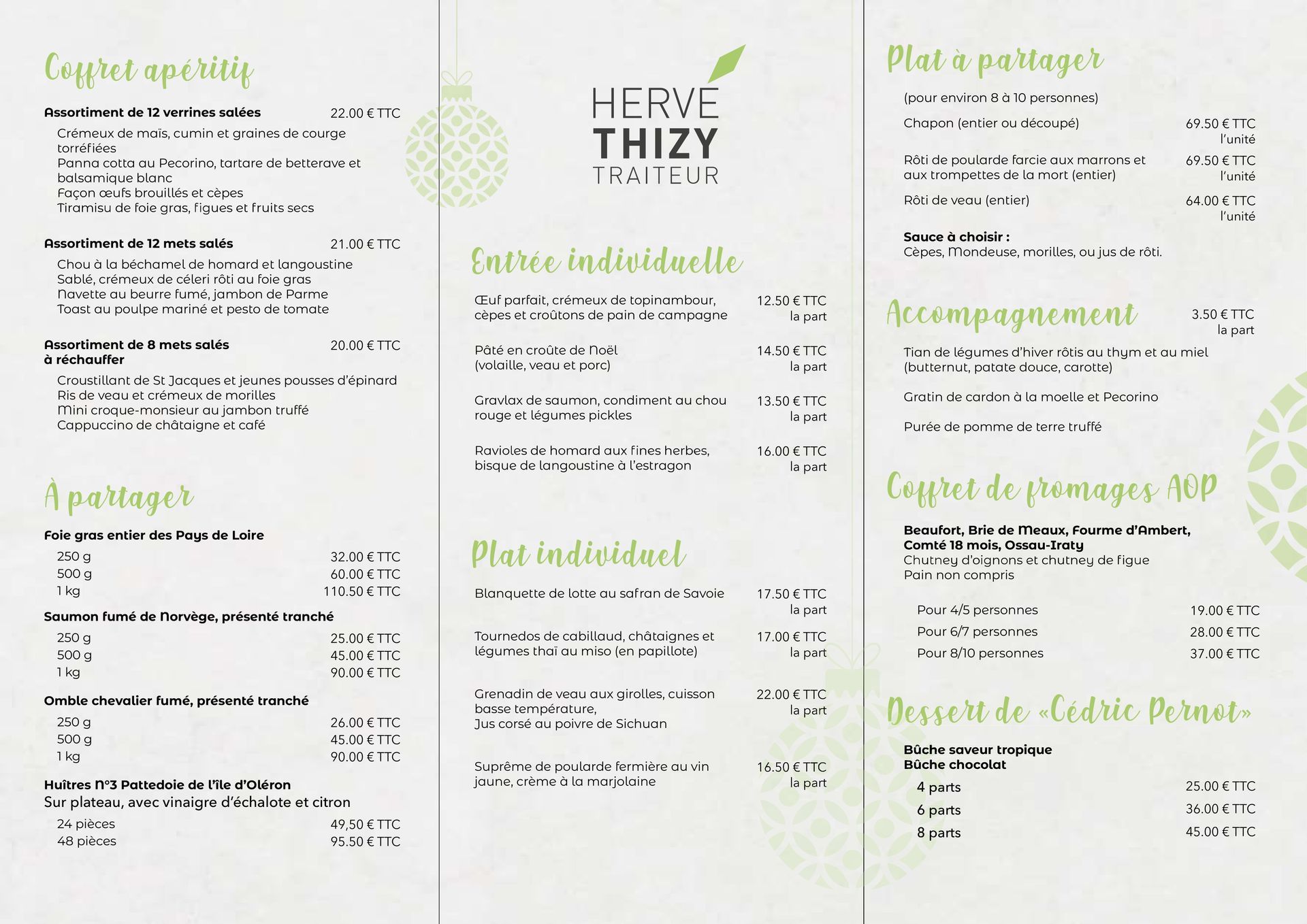 Menu du traiteur Hervé Thizy avec titres et prix.
