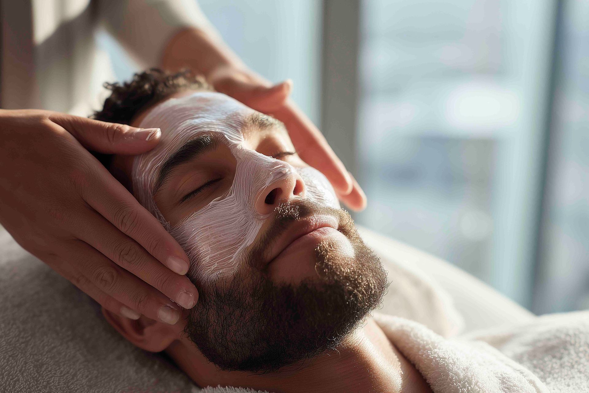 Eine Person, die in einer Spa-Umgebung auf einem Handtuch liegend eine Gesichtsmassage erhält